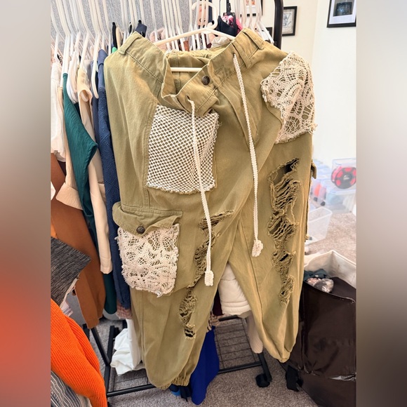 POL Pants - POL Olive Green Distressed Cargo Jumpsuit with Crochet Trim